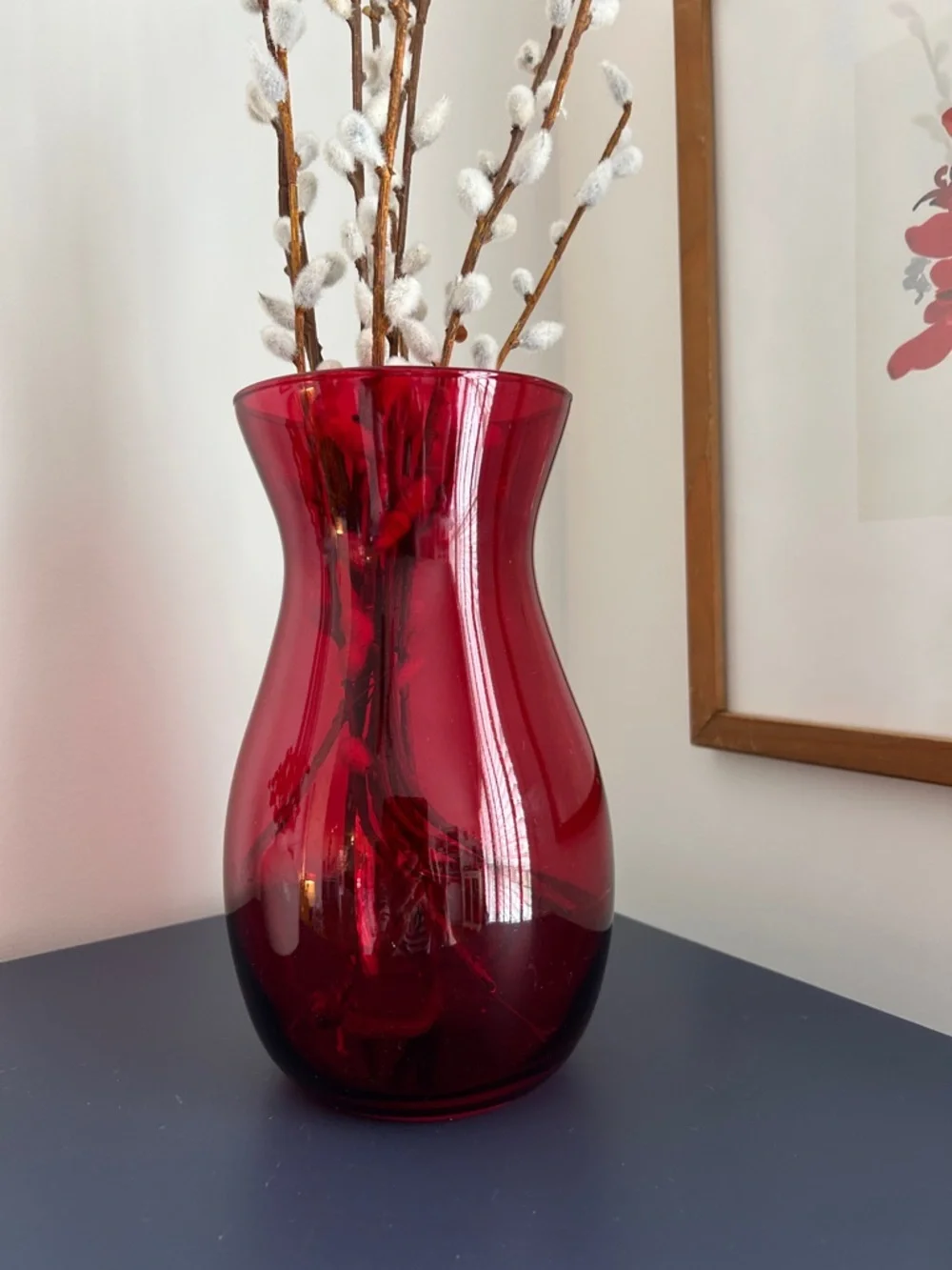 Red and White Tabletop decor Dried floral shelf decor Red vase faux cattails.